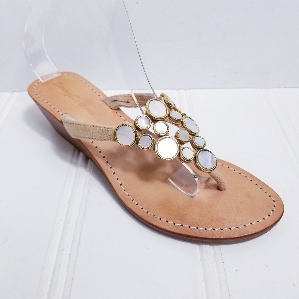 Tommy Bahama Mother of Pearl Tan Thong Sandals Womens Low Wedge Slip On Shoes
